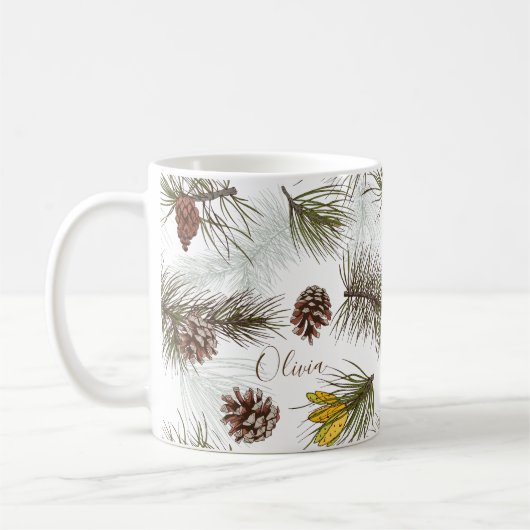 Pine Cones en Evergreen JOUW NAAM Koffiemok (Links)