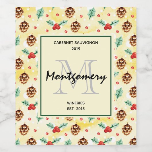 Pine Cones en Holly kerstpatroonwijn maken Wijn Etiket (Enkel label)