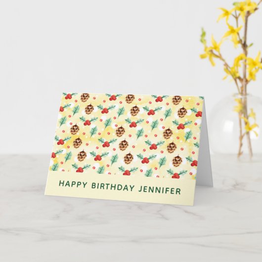 Pine Cones en Holly kerstpattern Birthday Kaart (Gele Bloem)