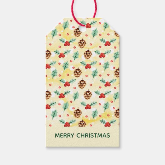 Pine Cones en Holly Kerstpattern Cadeaulabel (Voorkant)