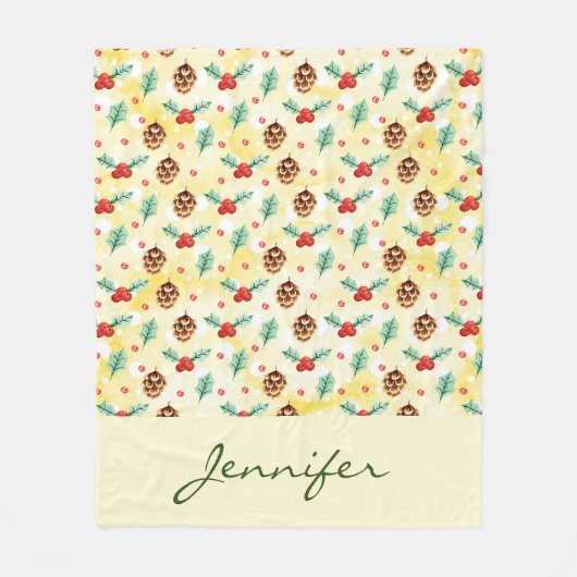 Pine Cones en Holly Kerstpattern Fleece Deken (Voorkant)