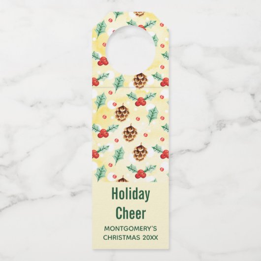 Pine Cones en Holly Kerstpattern Flessenhanger (Voorkant)