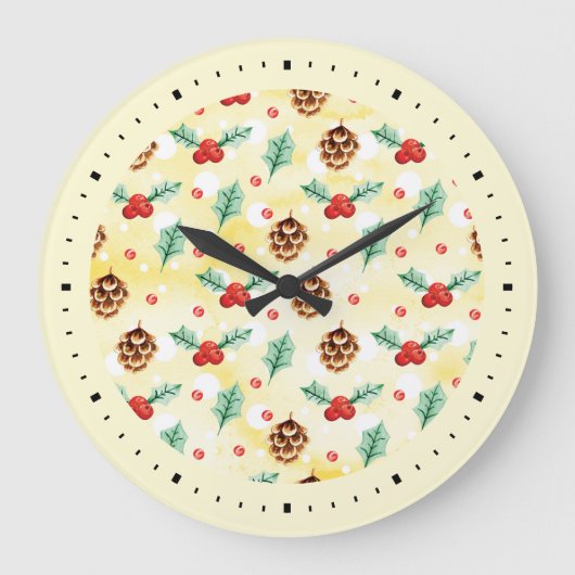 Pine Cones en Holly Kerstpattern Grote Klok (Voorkant)