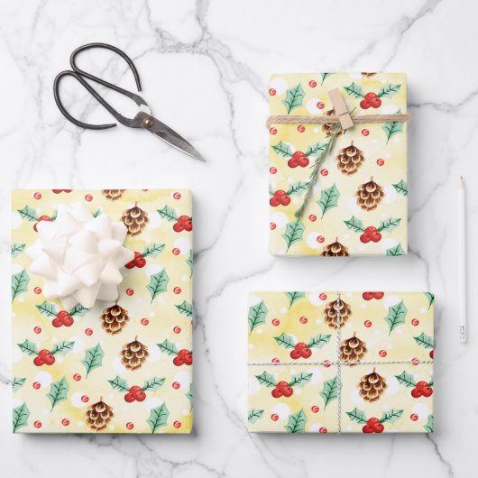 Pine Cones en Holly Kerstpattern Inpakpapier Vel (Voorkant)