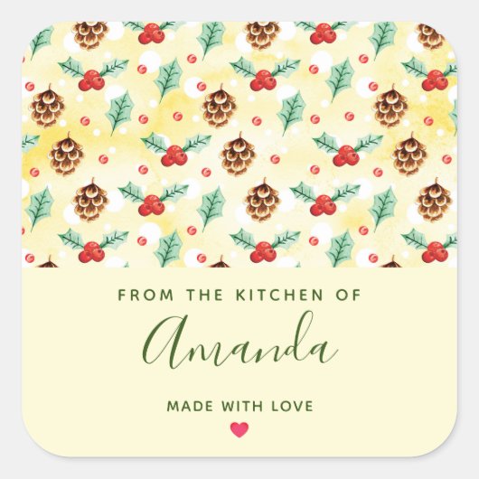 Pine Cones en Holly KerstPattern Kitchen Vierkante Sticker (Voorkant)