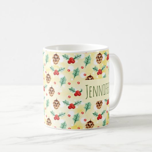 Pine Cones en Holly Kerstpattern Koffiemok (Voorkant rechts)