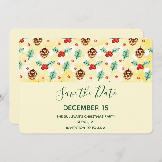 Pine Cones en Holly Kerstpattern Save The Date (Voorkant / Achterkant)