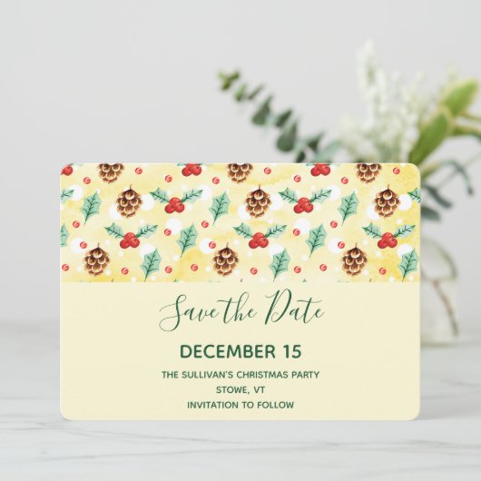 Pine Cones en Holly Kerstpattern Save The Date (Staand voorkant)