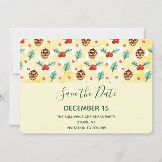 Pine Cones en Holly Kerstpattern Save The Date (Voorkant)