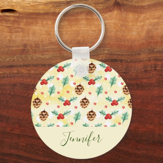 Pine Cones en Holly Kerstpattern Sleutelhanger (Voorkant)