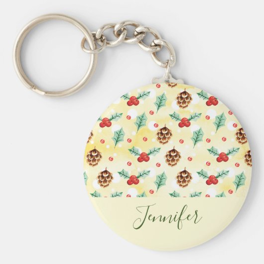 Pine Cones en Holly Kerstpattern Sleutelhanger (Voorkant)