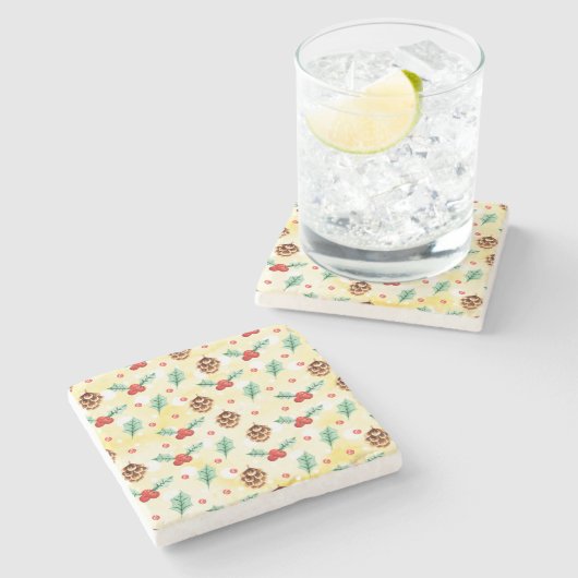 Pine Cones en Holly Kerstpattern Stenen Onderzetter (Zijkant)