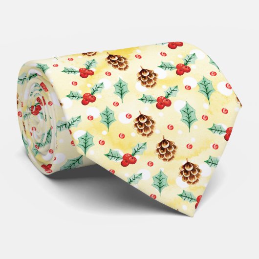 Pine Cones en Holly Kerstpattern Stropdas (Opgerold)