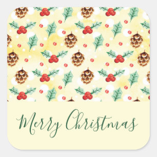 Pine Cones en Holly Kerstpattern Vierkante Sticker