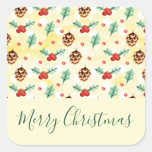 Pine Cones en Holly Kerstpattern Vierkante Sticker (Voorkant)