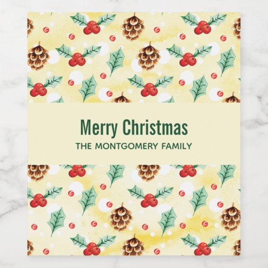 Pine Cones en Holly Kerstpattern Wijn Etiket (Enkel label)
