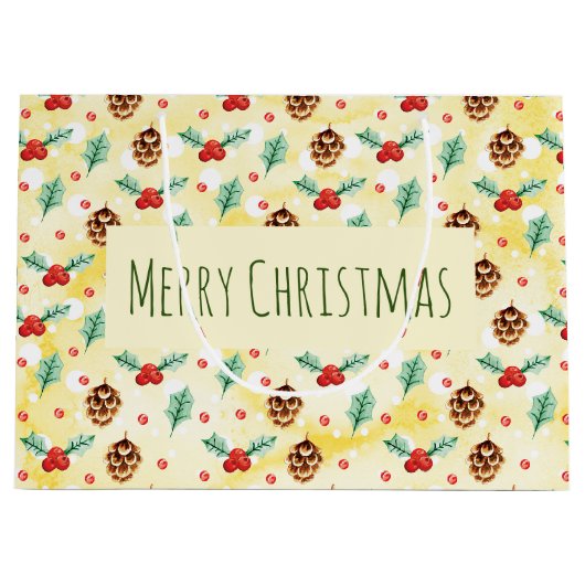 Pine Cones en Holly Pattern Merry Kerstmis Groot Cadeauzakje (Voorkant)
