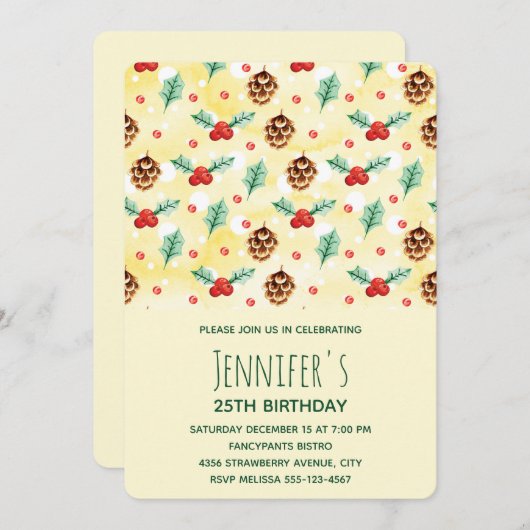 Pine Cones en Holly Winter Pattern Birthday Kaart (Voorkant / Achterkant)
