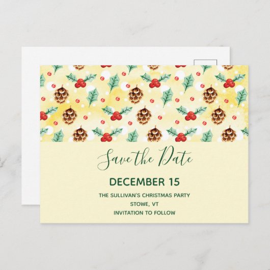 Pine Cones en Holly Winter Pattern Save the Date Uitnodiging Briefkaart (Voorkant / Achterkant)