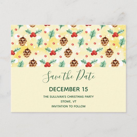 Pine Cones en Holly Winter Pattern Save the Date Uitnodiging Briefkaart (Voorkant)
