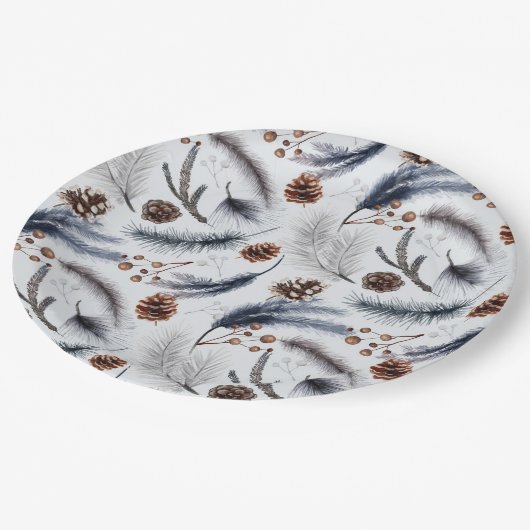Pine Cones en Pine Needles Kerstpatroon Papieren Bordje (Gekanteld)