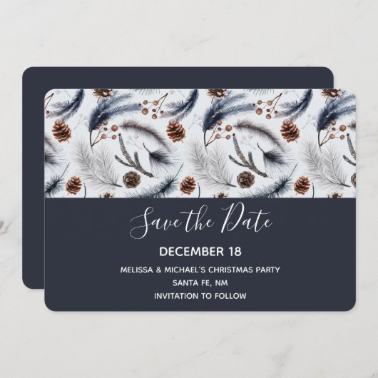 Pine Cones en Pine Needles Kerstpatroon Save The Date (Voorkant / Achterkant)