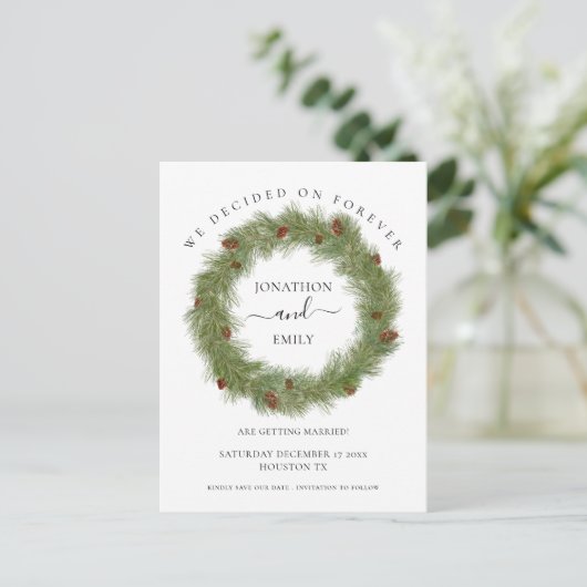 Pine Cones Foliage Kerst Bruiloft Save the Date Aankondigingskaart (Staand voorkant)