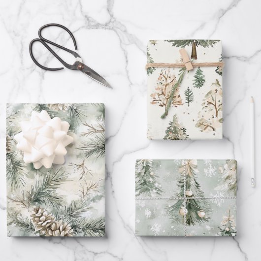 Pine Cones Green Cream Christmas Trees Snowflakes Inpakpapier Vel (Voorkant)