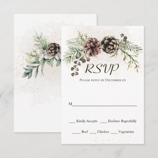 Pine Cones Greenery Winter Wedding RSVP-kaart RSVP Kaartje (Voorkant / Achterkant)