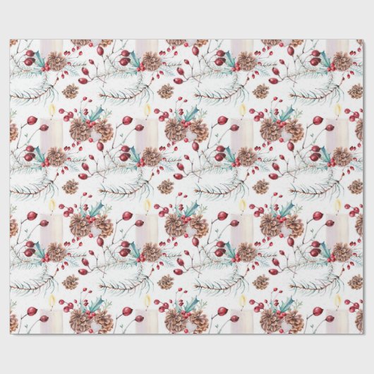 Pine Cones Holly Berries Kerstmis Cadeaupapier (Vlak)
