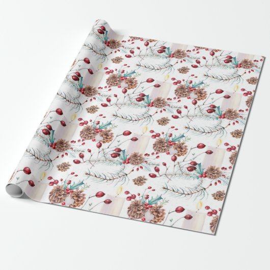 Pine Cones Holly Berries Kerstmis Cadeaupapier (Uitgerold)