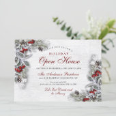 Pine Cones Holly Branch Rustic Holiday Open House Kaart (Staand voorkant)