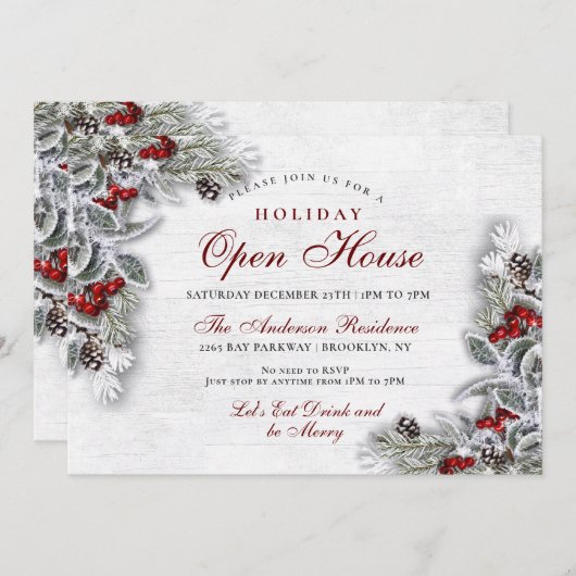 Pine Cones Holly Branch Rustic Holiday Open House Kaart (Voorkant / Achterkant)