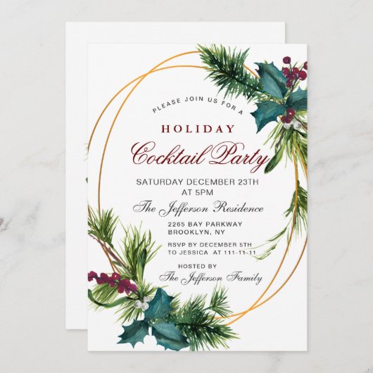 Pine Cones Holly Kerstfeestdag Cocktail Kaart (Voorkant / Achterkant)