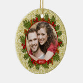 Pine Cones Holly Lace Familie Foto Kerstmis Keramisch Ornament (Rechts)