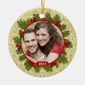 Pine Cones Holly Lace Familie Foto Kerstmis Keramisch Ornament (Voorkant)