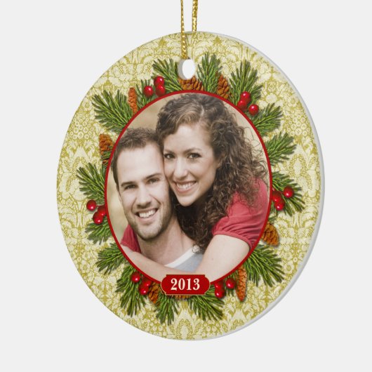 Pine Cones Holly Lace Familie Foto Kerstmis Keramisch Ornament (Links)