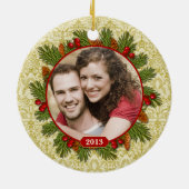Pine Cones Holly Lace Familie Foto Kerstmis Keramisch Ornament (Achterkant)