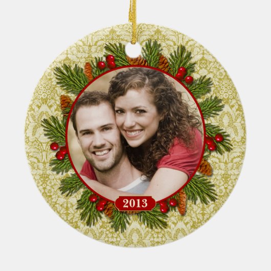 Pine Cones Holly Lace Familie Foto Kerstmis Keramisch Ornament (Achterkant)