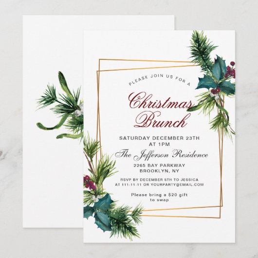 Pine Cones Holly Lijst Kerstfeestdag BRUNCH Kaart (Voorkant / Achterkant)