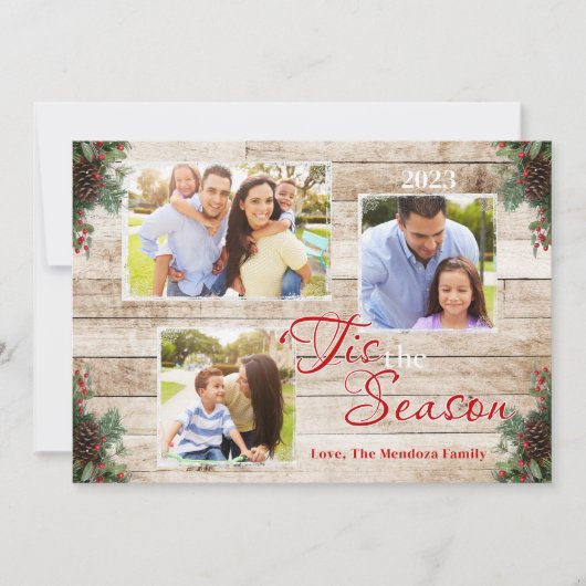 Pine Cones Holly 'Tis Het Seizoen Vakantie Fotokaa Feestdagenkaart (Voorkant)