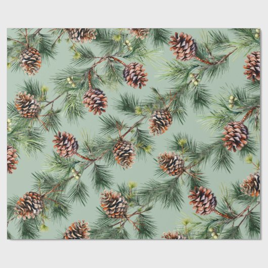 Pine Cones Laden White Pine Garlands Sage Green Cadeaupapier (Vlak)
