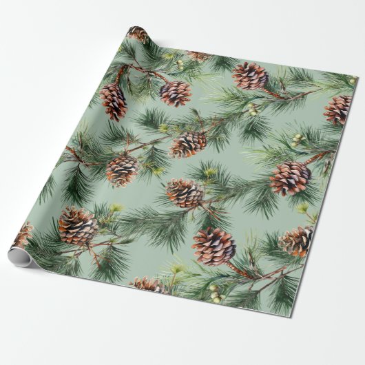 Pine Cones Laden White Pine Garlands Sage Green Cadeaupapier (Uitgerold)