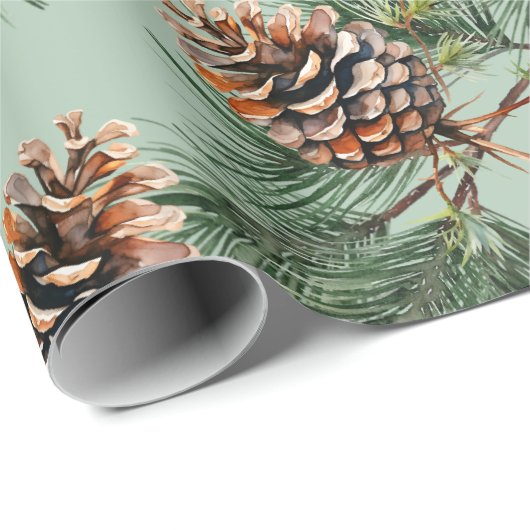 Pine Cones Laden White Pine Garlands Sage Green Cadeaupapier (Rol Hoek)