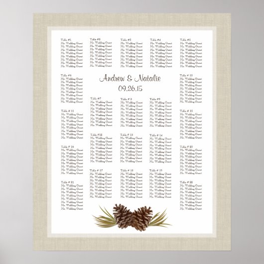 Pine Cones Light Burlap Wedding Seating Chart Poster (Voorkant)