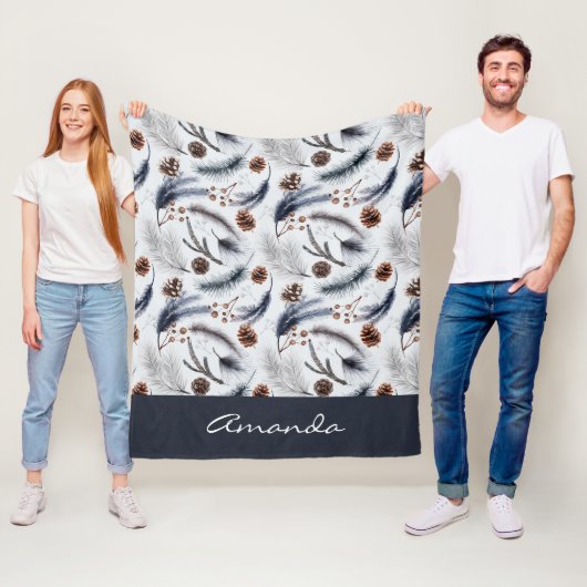 Pine Cones & Pine Needles Waterverf Patroon Fleece Deken (In situ)