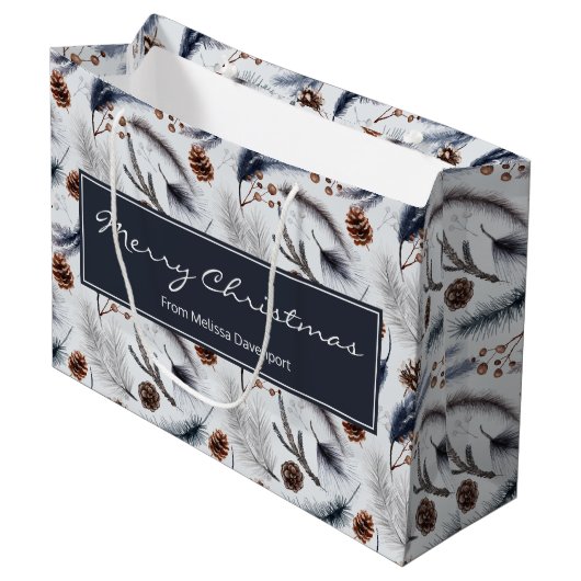 Pine Cones & Pine Needles Waterverf Patroon Groot Cadeauzakje (Voorkant Gekanteld)