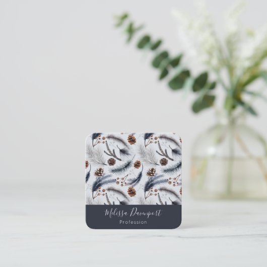 Pine Cones & Pine Needles Winter Pattern Vierkante Visitekaartje (Staand voorkant)