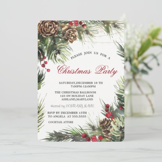 Pine Cones, Pine Tree Branches kerstparty Kaart (Staand voorkant)