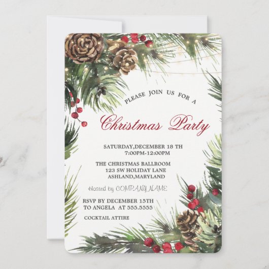 Pine Cones, Pine Tree Branches kerstparty Kaart (Voorkant)